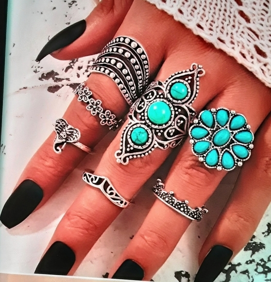 Private Label Jewelry - 🔥SALE!!!7piece Boho Turquoise Ring Set
